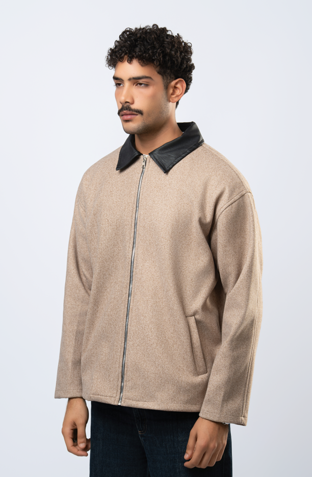 Wool jacket leather collar beige