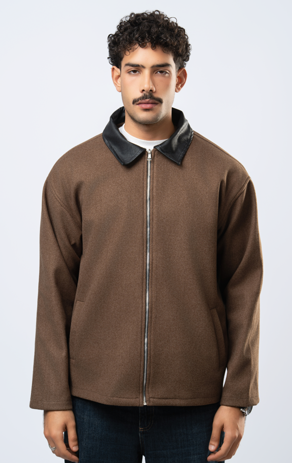 Wool jacket leather collar brown