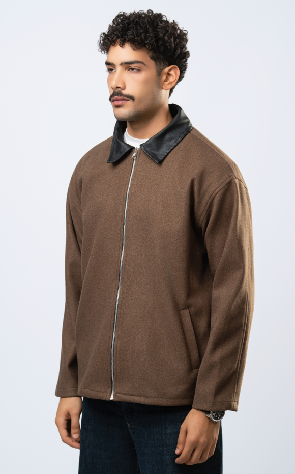 Wool jacket leather collar brown